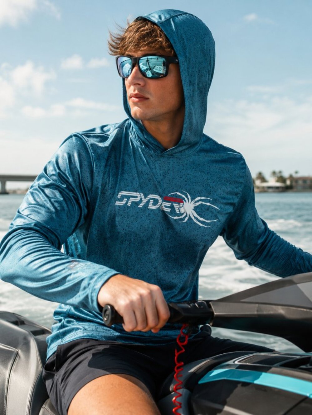 Spyder Men's UPF Hooded Fishing Shirt Blue Long Sleeve Performance RashGuard Tee